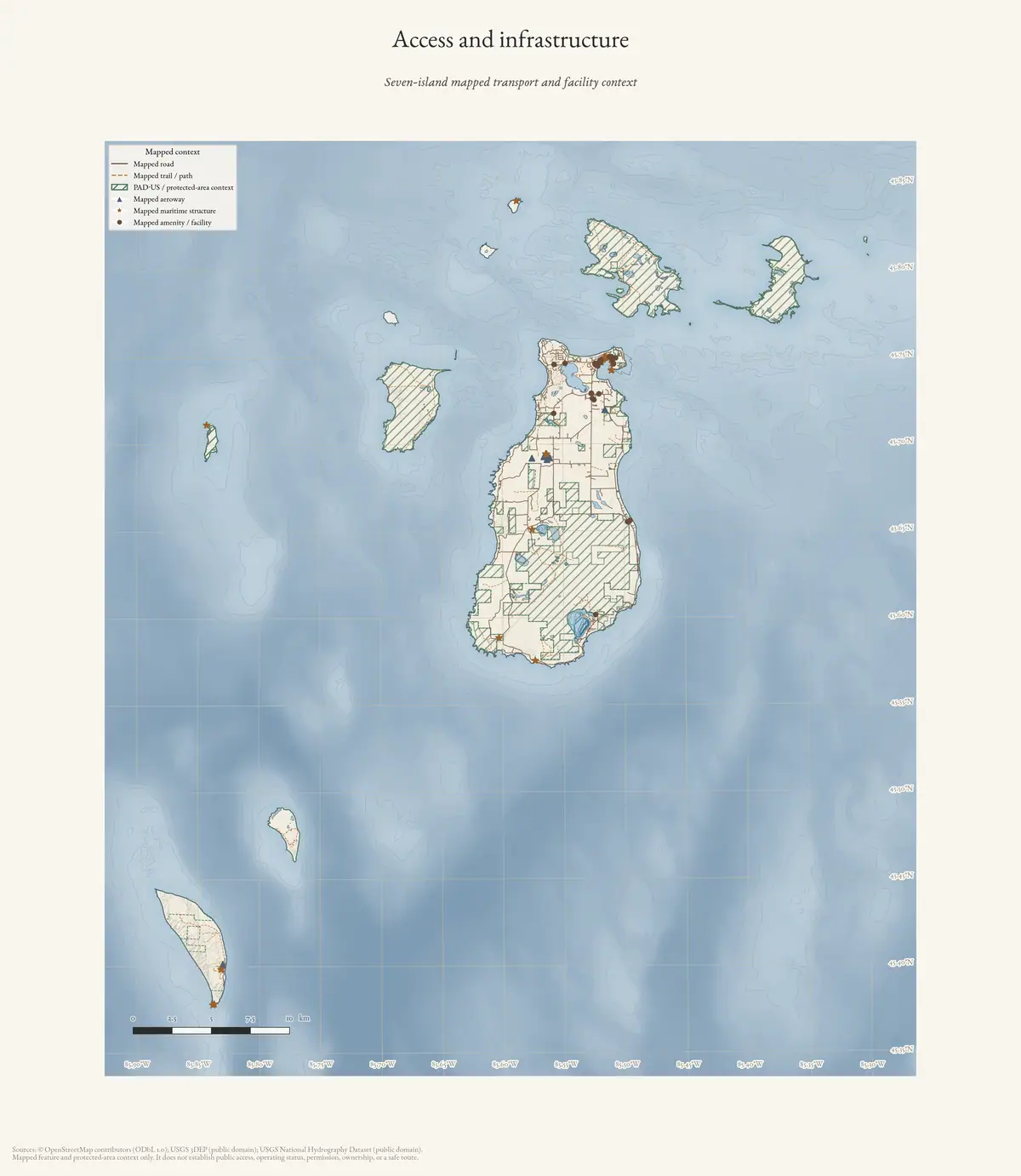 Map: Access and infrastructure of the Beaver Island archipelago.