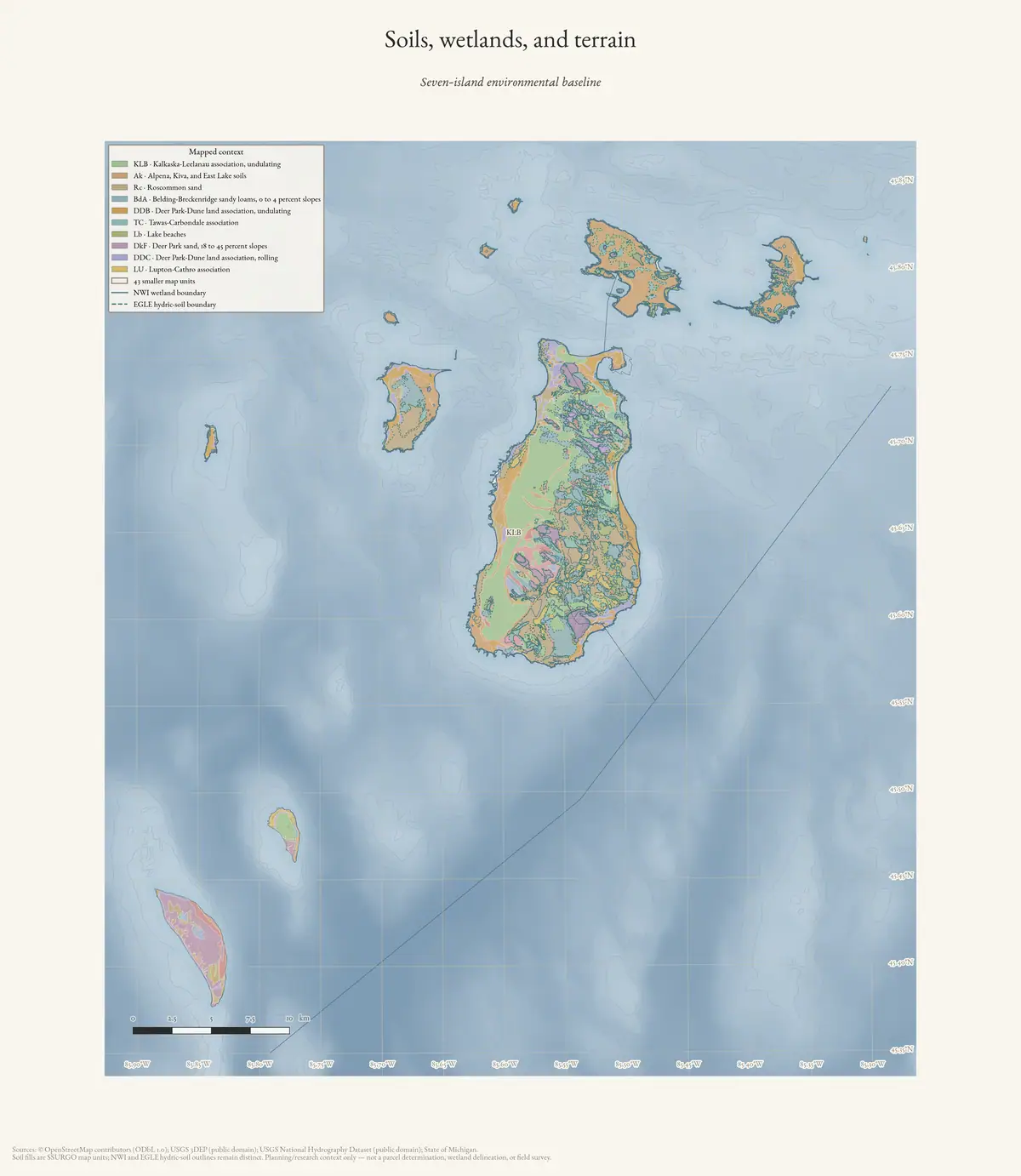Map: Soils, wetlands, and terrain of the Beaver Island archipelago.