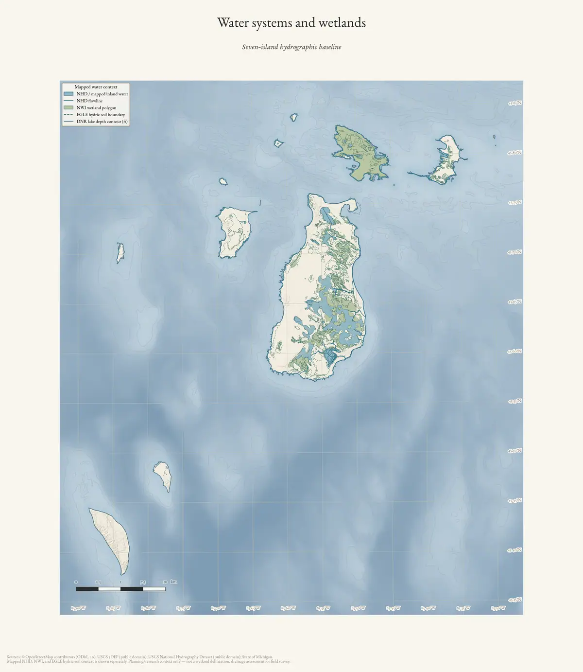Map: Water systems and wetlands of the Beaver Island archipelago.