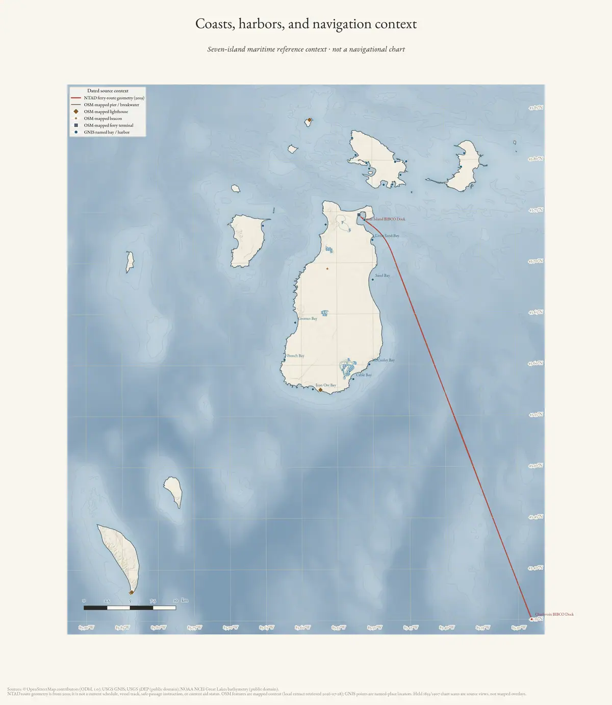 Map: Coasts, harbors, and navigation context of the Beaver Island archipelago.