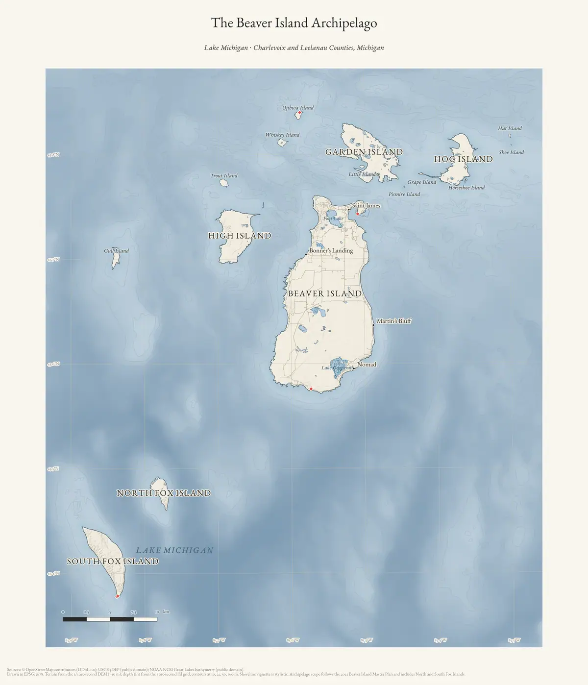 A vertically oriented shaded-relief map showing labeled landmasses, depth contours, and a coordinate grid.