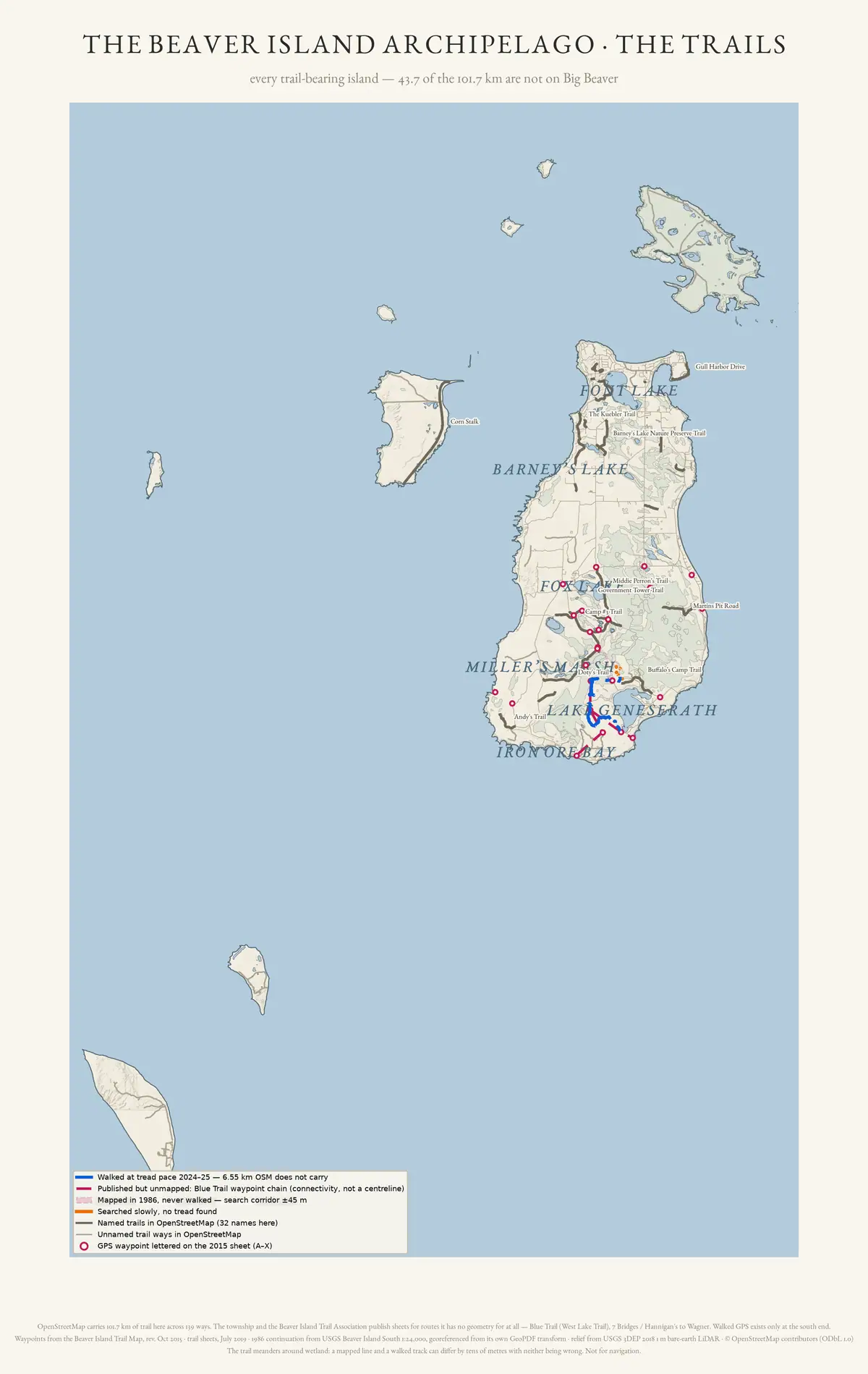 Map of mapped trail ways across every island in the Beaver Island group that has one.