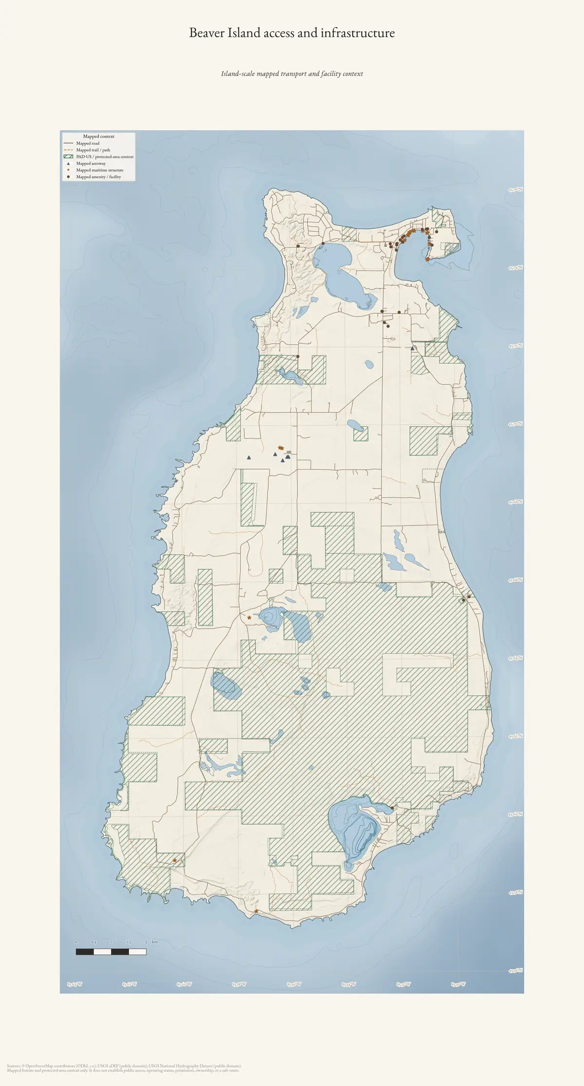Map: Beaver Island access and infrastructure.