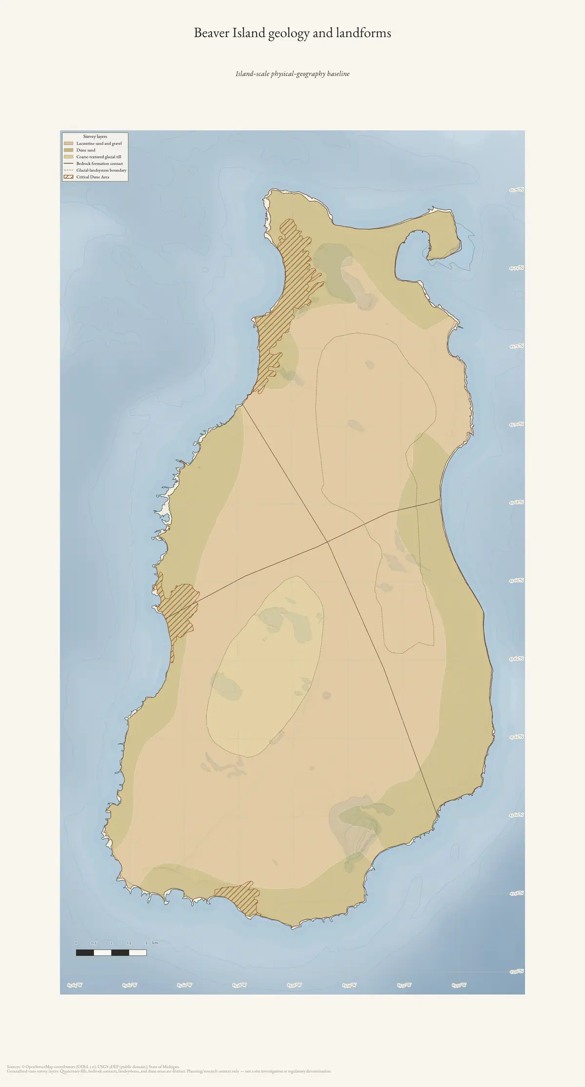 Map: Beaver Island geology and landforms.