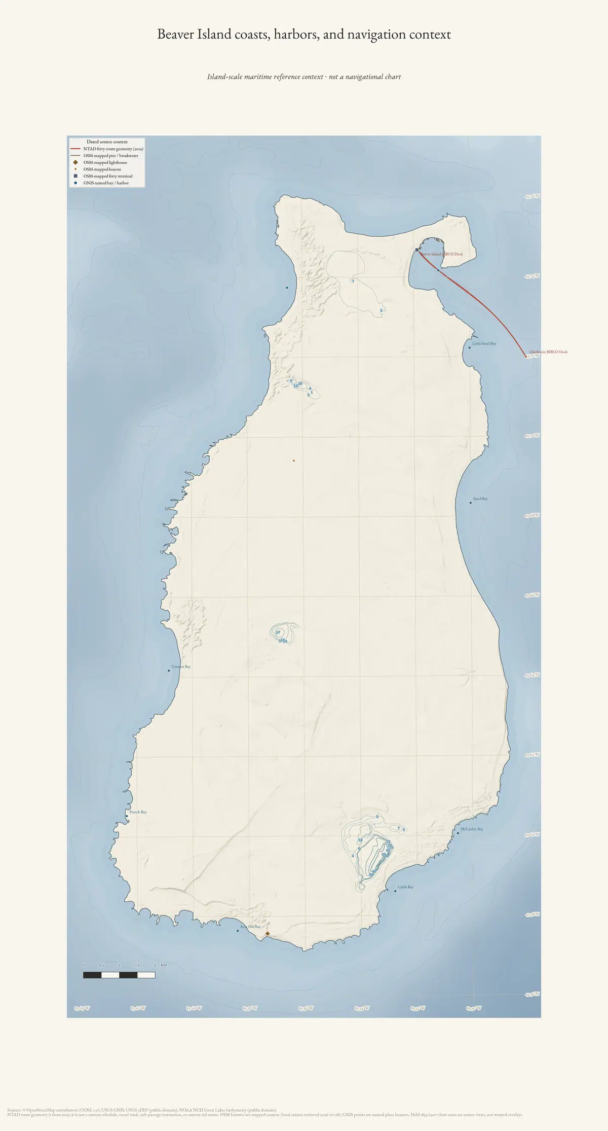 Map: Beaver Island coasts, harbors, and navigation context.