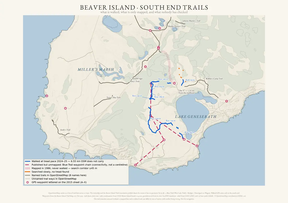 Map of the south end of Beaver Island, showing twelve walked GPS runs against the mapped network and five runs where no path was found.