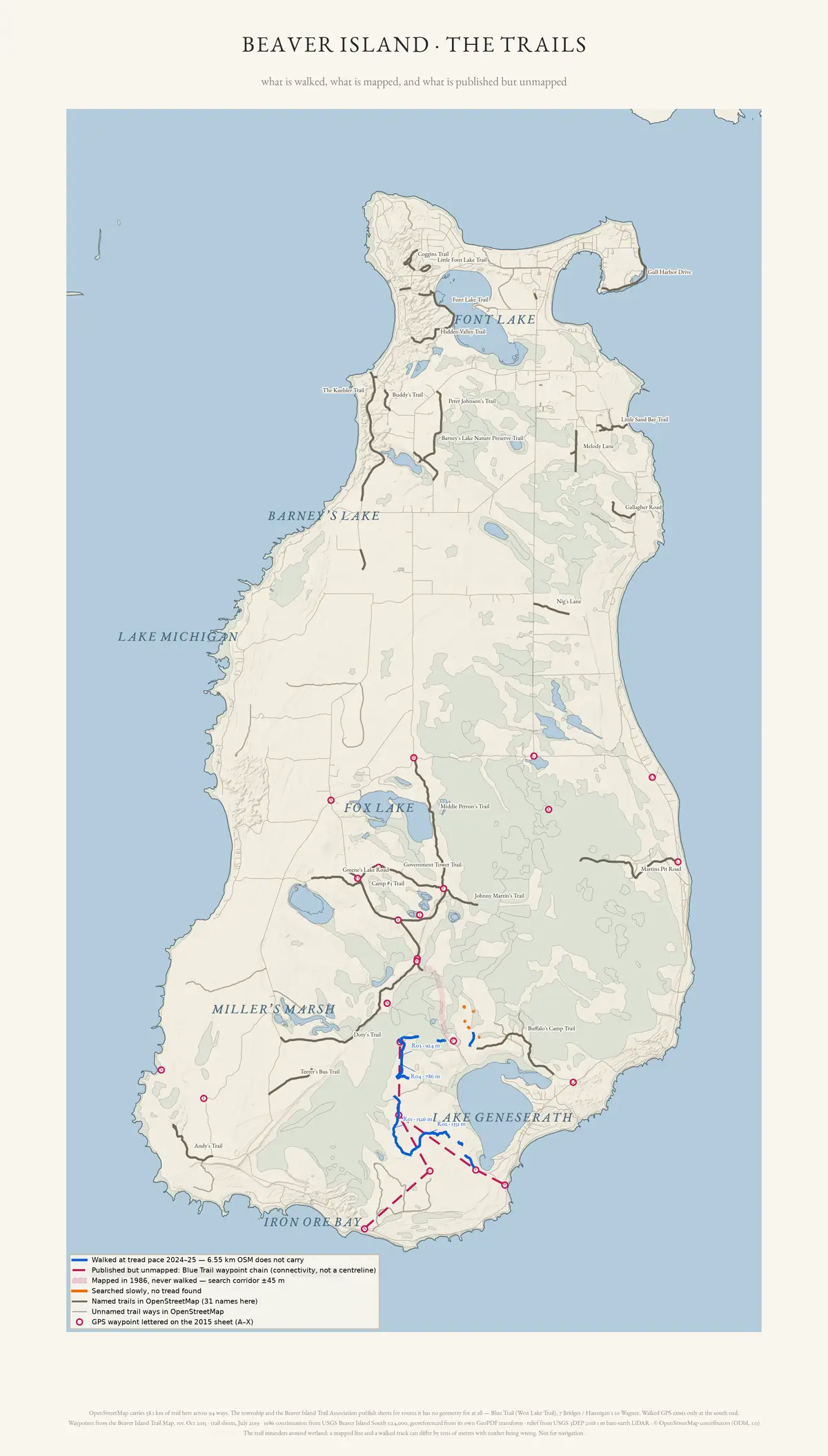 Map of Beaver Island trails. Walked, mapped, and printed-but-unmapped routes are drawn as different marks over a lidar image of the bare ground.