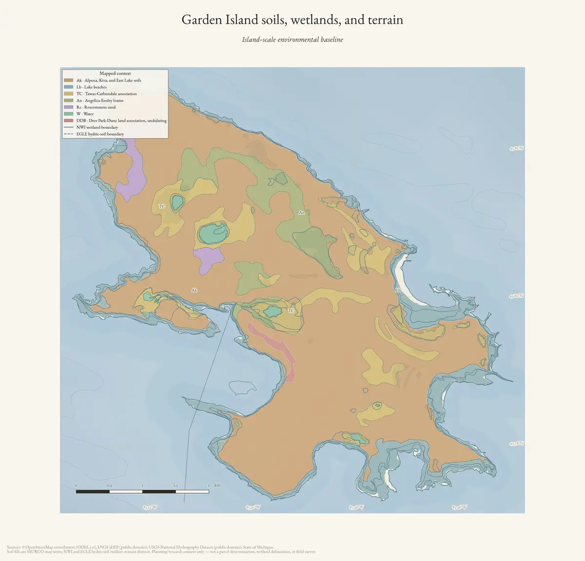 Map: Garden Island soils, wetlands, and terrain.