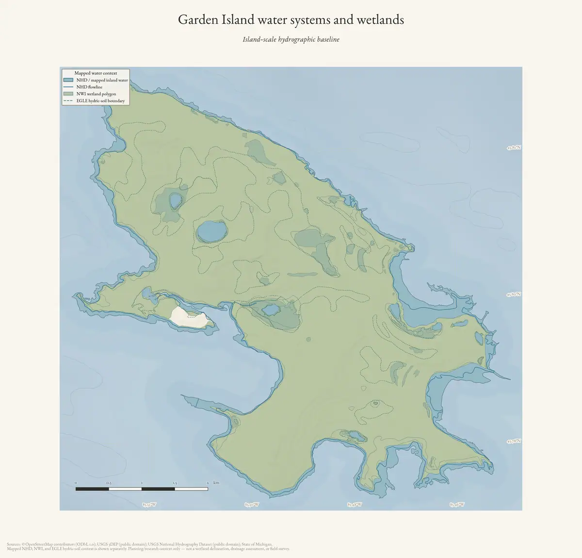 Map: Garden Island water systems and wetlands.