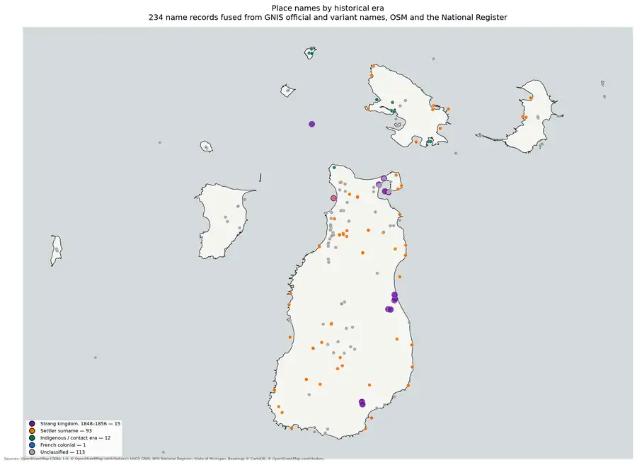 Thematic map showing place names categorized by historical era with colored dots and a five-part legend.