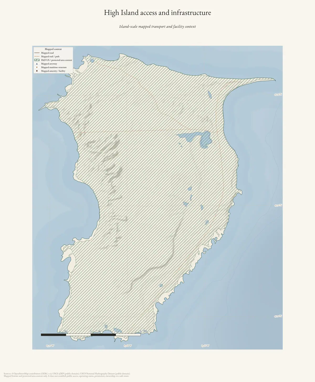 Map: High Island access and infrastructure.