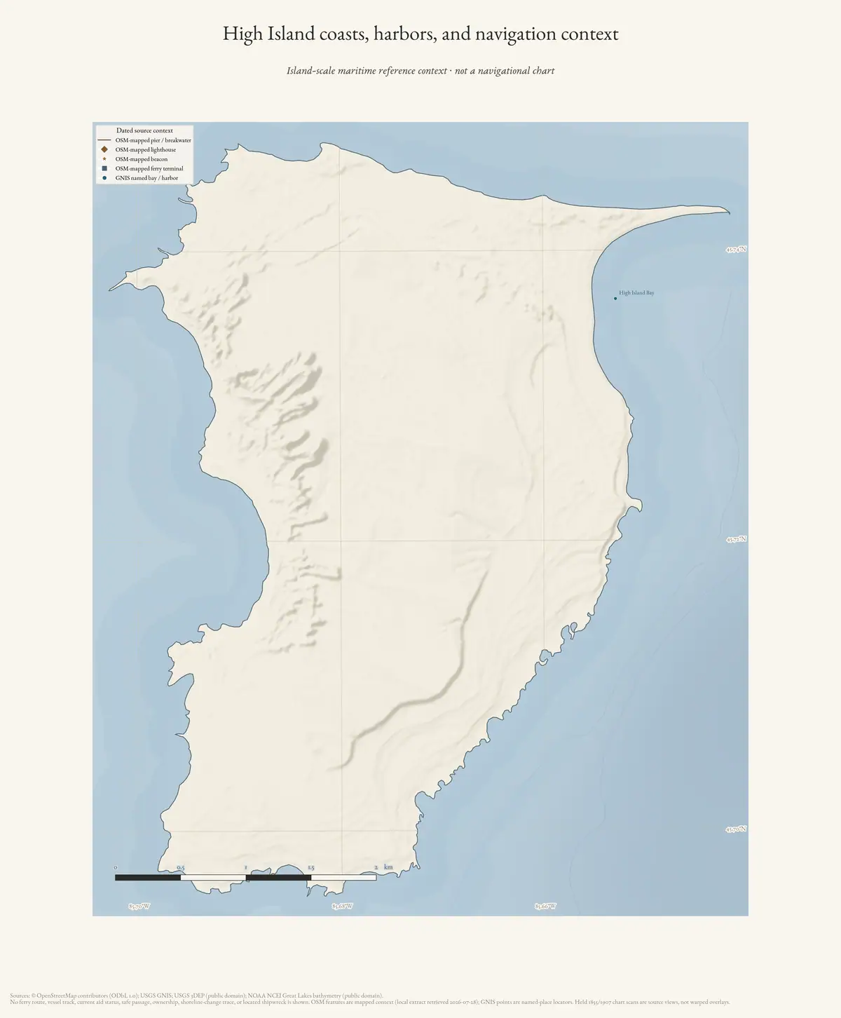 Map: High Island coasts, harbors, and navigation context.