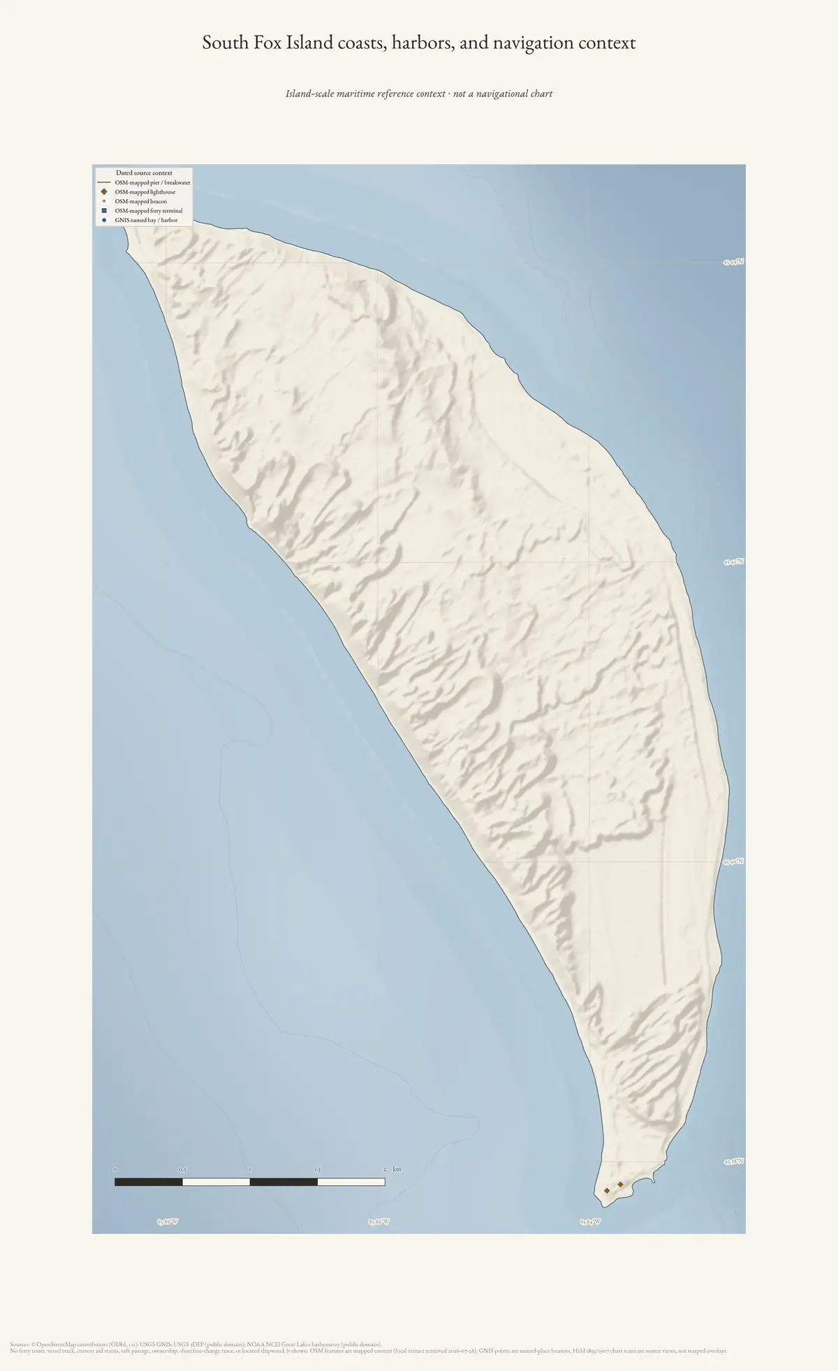 Map: South Fox Island coasts, harbors, and navigation context.