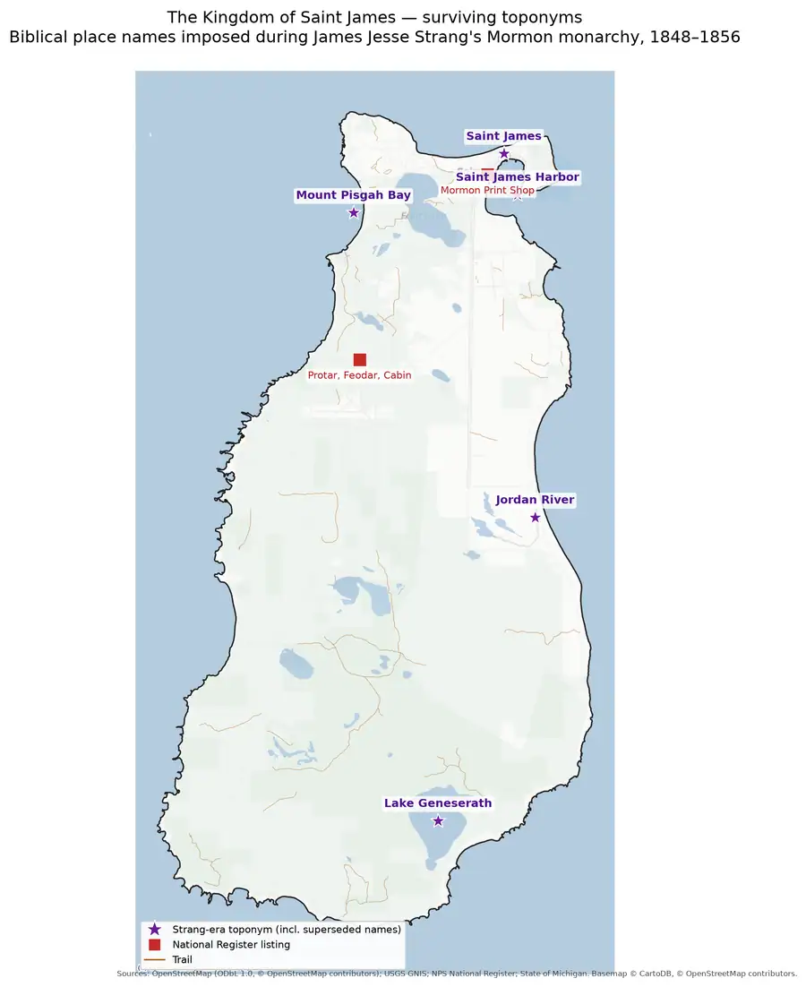 Map showing historical place names, markers, trails, waterways, and a legend.