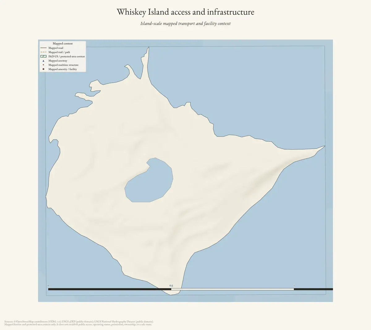 Map: Whiskey Island access and infrastructure.