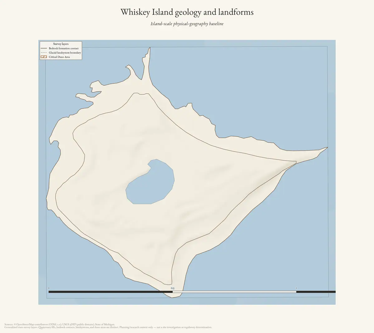 Map: Whiskey Island geology and landforms.